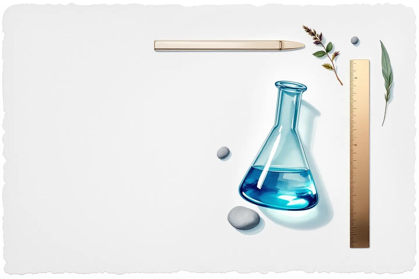 Soft watercolor editorial still life of an empty glass beaker, filter paper, a slate stone, a brass ruler, and a sage leaf arranged as an investigative-testing flat-lay