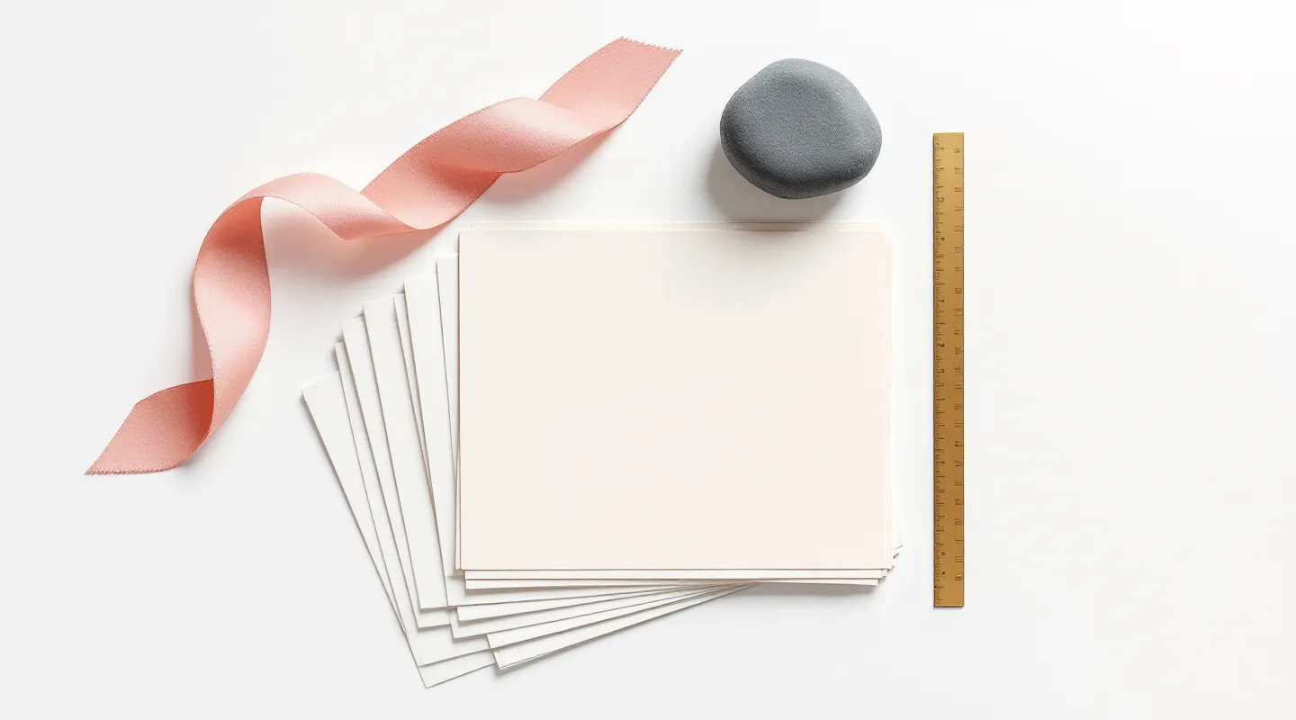 Soft watercolor editorial still life of fanned paper sheets, a blush fabric ribbon, a slate stone paperweight, and a brass ruler arranged as a public-record flat-lay