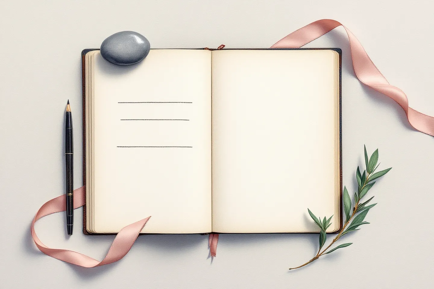 Soft watercolor editorial still life of an open notebook spread with three short notational marks, a blush fabric ribbon, a slate stone paperweight, and a sage leaf arranged as a claim-examined flat-lay