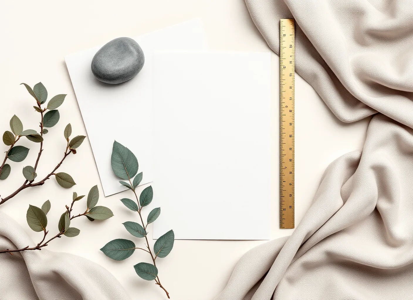 Soft watercolor editorial still life of stacked paper sheets, a slate river stone, a sage dried leaf, and a brass ruler arranged as an investigative-reading flat-lay